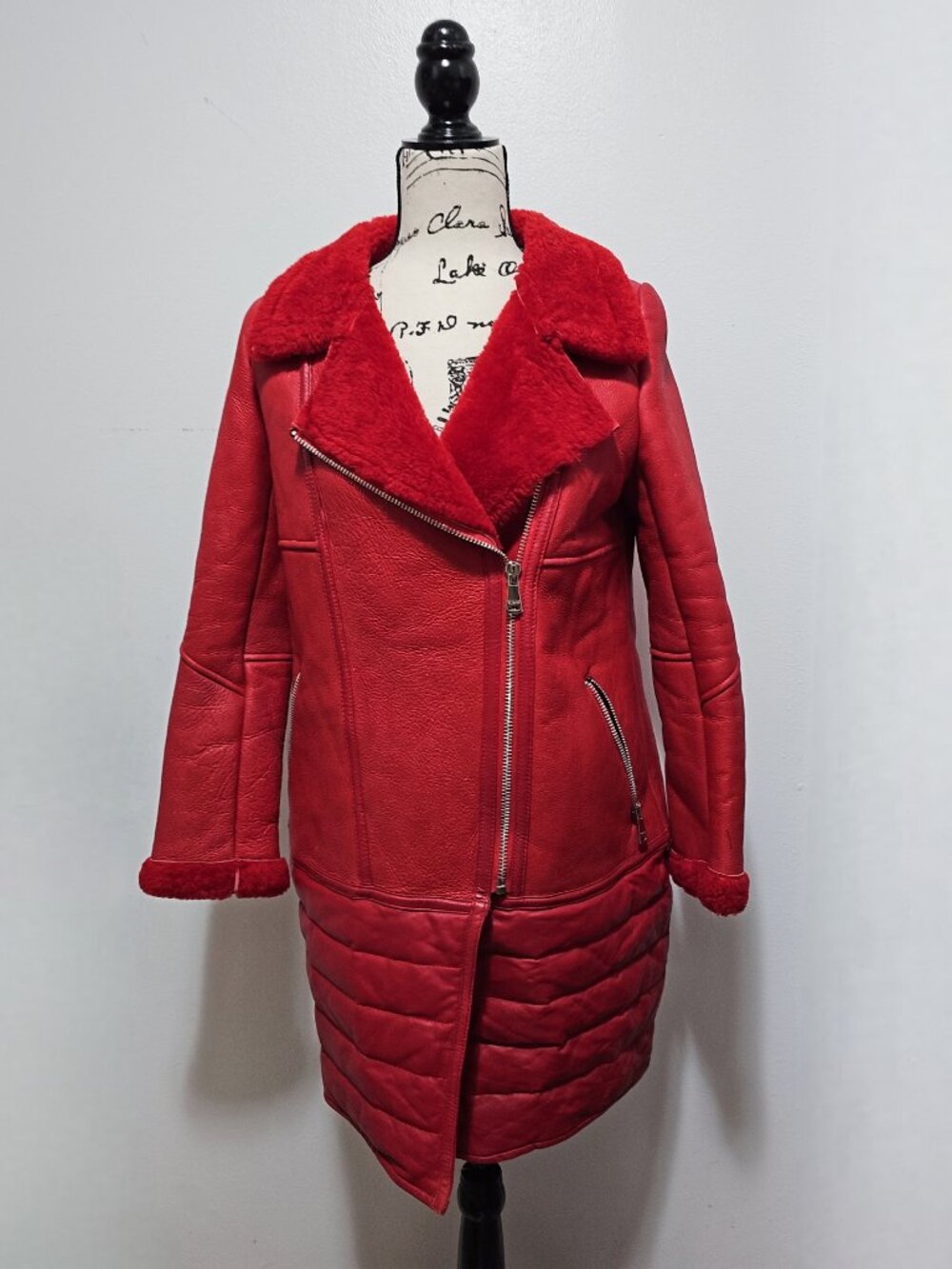 New Real Merino Sheepskin Shearling Lamb Fur Moto Racer Biker Jacket Holiday Red